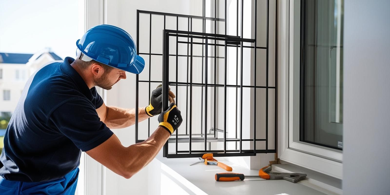 Profissional instalando grade de proteção metálica em janela de imóvel